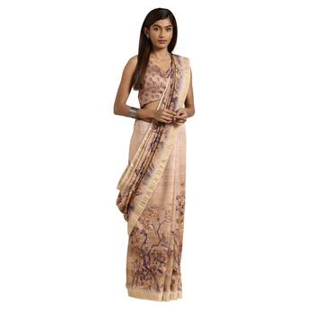 Brown Printed Cotton Saree With Blouse 1
