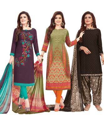 Women's Pack Of 3 Multicolor Synthetic Printed Unstitched Dress Material Combo 1