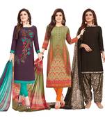 Women's Pack Of 3 Multicolor Synthetic Printed Unstitched Dress Material Combo
