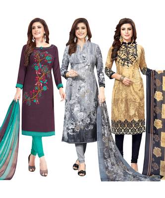 Women's Pack Of 3 Multicolor Synthetic Printed Unstitched Dress Material Combo 1