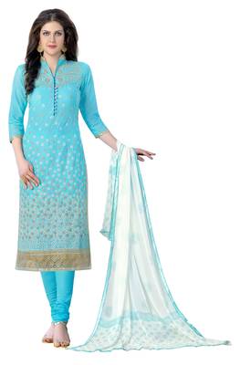 Woman Sky Blue Cotton Party Wear Fancy Embroidered Suit Salwar Kameez Dress Material 1