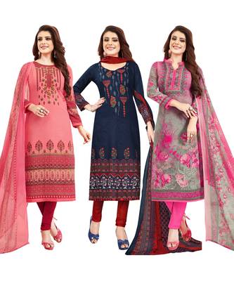 Women's Pack Of 3 Multicolor Synthetic Printed Unstitched Dress Material Combo 1