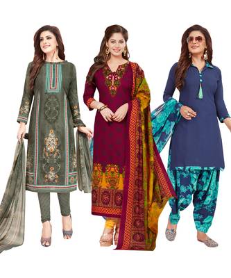 Women's Pack Of 3 Multicolor Synthetic Printed Unstitched Dress Material Combo 1