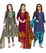 Women's Pack Of 3 Multicolor Synthetic Printed Unstitched Dress Material Combo