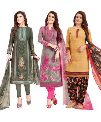 Women's Pack Of 3 Multicolor Synthetic Printed Unstitched Dress Material Combo 1