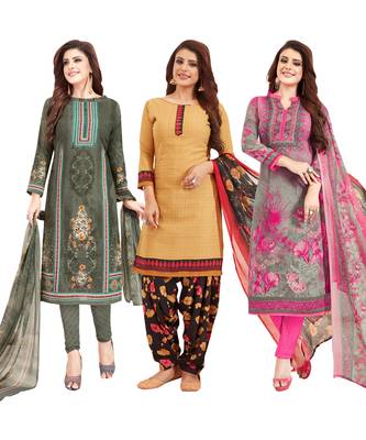 Women's Pack Of 3 Multicolor Synthetic Printed Unstitched Dress Material Combo 1