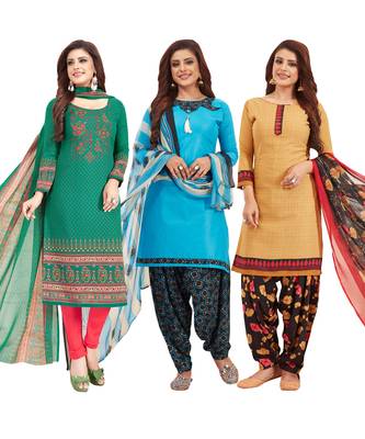 Women's Pack Of 3 Multicolor Synthetic Printed Unstitched Dress Material Combo 1