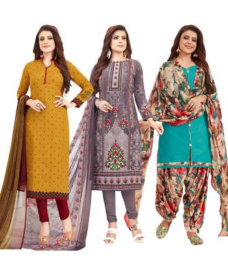 Women's Pack Of 3 Multicolor Synthetic Printed Unstitched Dress Material Combo 1