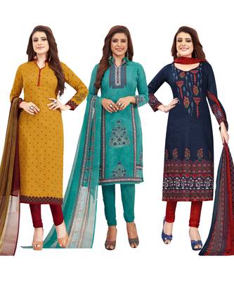 Women's Pack Of 3 Multicolor Synthetic Printed Unstitched Dress Material Combo 1