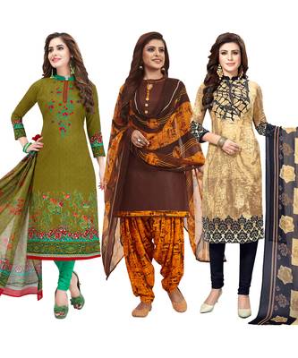 Women's Pack Of 3 Multicolor Synthetic Printed Unstitched Dress Material Combo 1