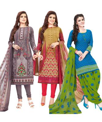 Women's Pack Of 3 Multicolor Synthetic Printed Unstitched Dress Material Combo 1