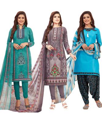 Women's Pack Of 3 Multicolor Synthetic Printed Unstitched Dress Material Combo 1