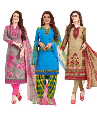 Women's Pack Of 3 Multicolor Synthetic Printed Unstitched Dress Material Combo 1