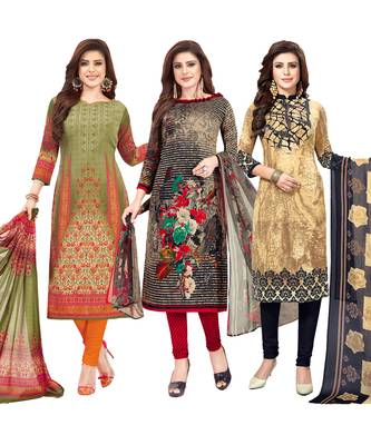 Women's Pack Of 3 Multicolor Synthetic Printed Unstitched Dress Material Combo 1