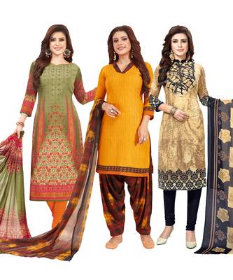 Women's Pack Of 3 Multicolor Synthetic Printed Unstitched Dress Material Combo 1