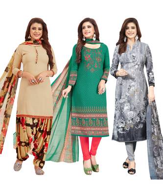 Women's Pack Of 3 Multicolor Synthetic Printed Unstitched Dress Material Combo 1