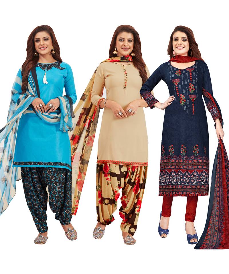Women's Pack Of 3 Multicolor Synthetic Printed Unstitched Dress