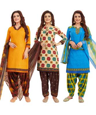 Women's Pack Of 3 Multicolor Synthetic Printed Unstitched Dress Material Combo 1