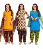 Women's Pack Of 3 Multicolor Synthetic Printed Unstitched Dress Material Combo