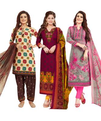 Women's Pack Of 3 Multicolor Synthetic Printed Unstitched Dress Material Combo 1