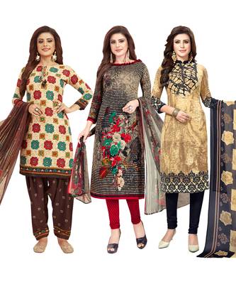 Women's Pack Of 3 Multicolor Synthetic Printed Unstitched Dress Material Combo 1