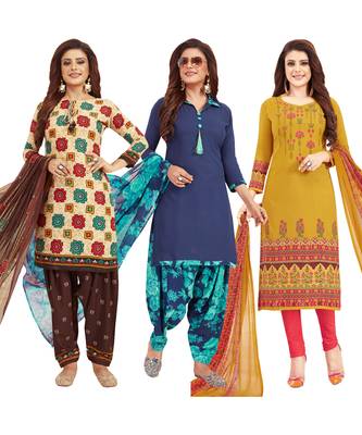 Women's Pack Of 3 Multicolor Synthetic Printed Unstitched Dress Material Combo 1
