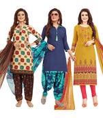 Women's Pack Of 3 Multicolor Synthetic Printed Unstitched Dress Material Combo