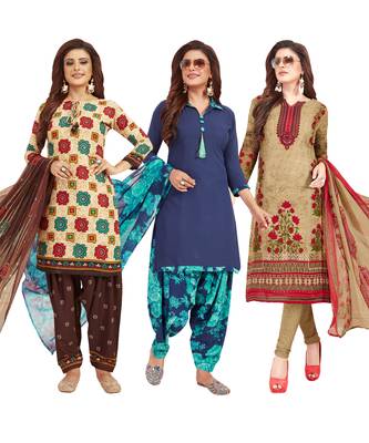 Women's Pack Of 3 Multicolor Synthetic Printed Unstitched Dress Material Combo 1