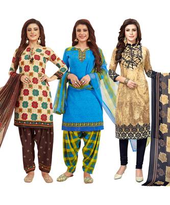 Women's Pack Of 3 Multicolor Synthetic Printed Unstitched Dress Material Combo 1