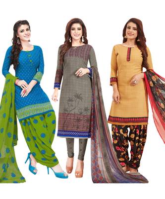 Women's Pack Of 3 Multicolor Synthetic Printed Unstitched Dress Material Combo 1