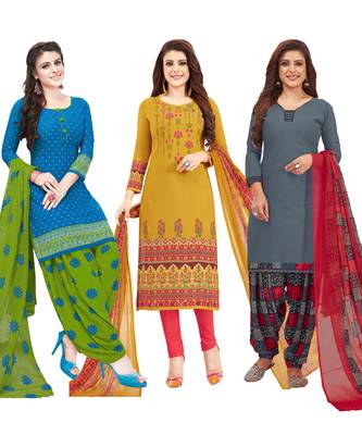 Women's Pack Of 3 Multicolor Synthetic Printed Unstitched Dress Material Combo 1