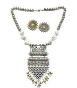 Women'S Jewellery Set Traditional Oxidised Silver Plated Necklace Earrings Sets With Peacock Leaf Pendent Beaded Chain