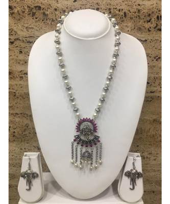 Women'S Temple Jewellery Traditional Oxidised Silver Plated Necklace Earrings Sets With Ganesh Ji Pendant Jhumki Beads 1