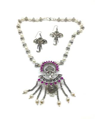 Women'S Temple Jewellery Traditional Oxidised Silver Plated Necklace Earrings Sets With Ganesh Ji Pendant Jhumki Beads 2