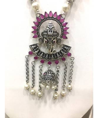 Women'S Temple Jewellery Traditional Oxidised Silver Plated Necklace Earrings Sets With Ganesh Ji Pendant Jhumki Beads 3