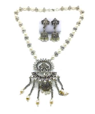 Women'S Temple Jewellery Traditional Oxidised Silver Plated Necklace Earrings Sets With Ganesh Ji Pendant Jhumki Beads 1