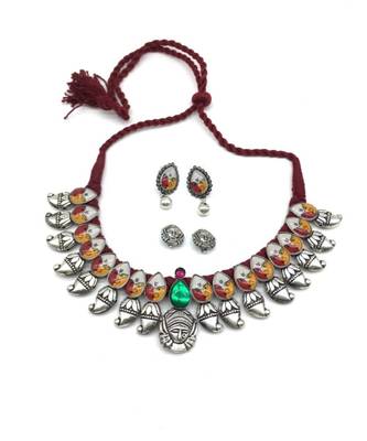 Women'S Temple Jewellery Set Traditional Oxidised Silver Plated Necklace Earrings Sets With Dancing Durga Pendent Chain 2