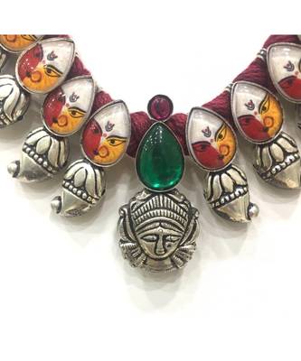 Women'S Temple Jewellery Set Traditional Oxidised Silver Plated Necklace Earrings Sets With Dancing Durga Pendent Chain 3