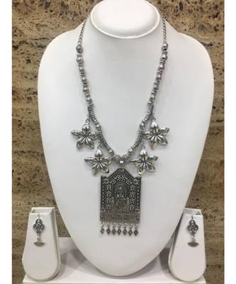 Women'S Temple Jewellery Traditional Oxidised Silver Plated Necklace Earrings Sets With Ganesh Ji Pendent Flower Beads 1