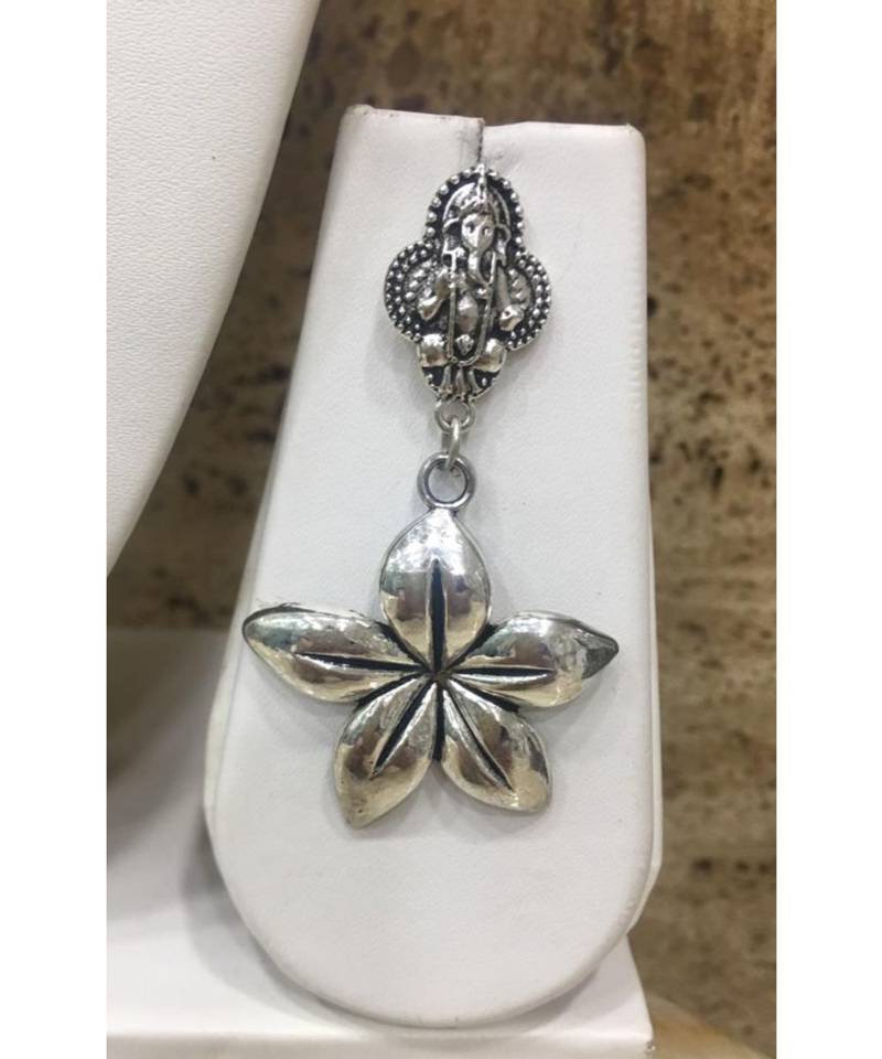 Women'S Temple Jewellery Traditional Oxidised Silver Plated Necklace Earrings Sets With Ganesh Ji Pendent Flower Beads