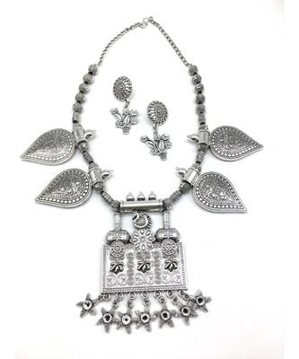 Women'S Jewellery Set Oxidised Silver Plated Necklace Earrings With Peacock Flower Pendant Star Leaf Moon Beads Chain 3