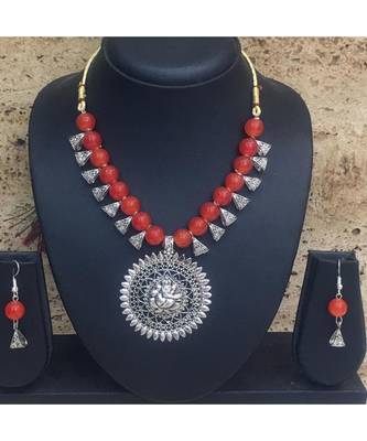 Women'S Temple Jewellery Sets Traditional Oxidised Silver Plated Necklace Earrings With Ganesh Ji Pendent Orange Beads 1