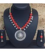 Women'S Temple Jewellery Sets Traditional Oxidised Silver Plated Necklace Earrings With Ganesh Ji Pendent Orange Beads