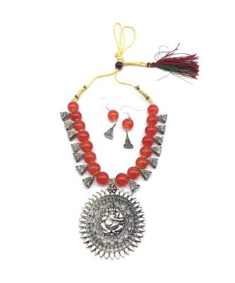 Women'S Temple Jewellery Sets Traditional Oxidised Silver Plated Necklace Earrings With Ganesh Ji Pendent Orange Beads 2