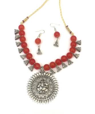 Women'S Temple Jewellery Sets Traditional Oxidised Silver Plated Necklace Earrings With Ganesh Ji Pendent Orange Beads 3