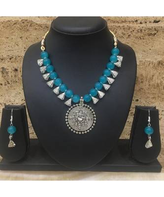 Women'S Temple Jewellery Set Traditional Oxidised Silver Plated Necklace Earrings Sets With Ganesh Ji Pendent Blue Beads 1