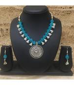 Women'S Temple Jewellery Set Traditional Oxidised Silver Plated Necklace Earrings Sets With Ganesh Ji Pendent Blue Beads