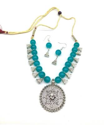 Women'S Temple Jewellery Set Traditional Oxidised Silver Plated Necklace Earrings Sets With Ganesh Ji Pendent Blue Beads 2