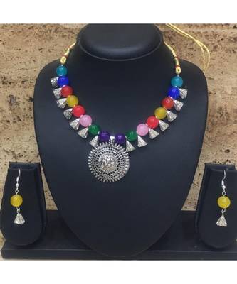 Women'S Temple Jewellery Set Oxidised Silver Plated Necklace Earrings Sets With Ganesh Ji Pendent Multicolor Beads 1