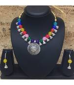 Women'S Temple Jewellery Set Oxidised Silver Plated Necklace Earrings Sets With Ganesh Ji Pendent Multicolor Beads
